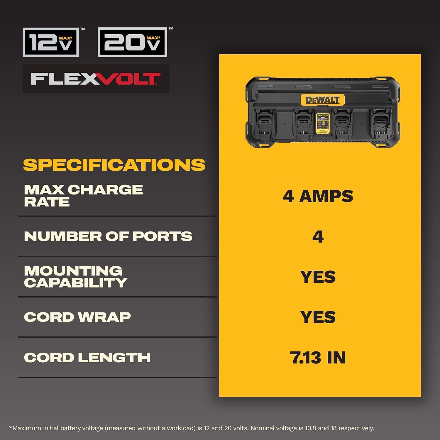 image:imageDEWALT Battery Charger 12V MAX 20V MAX FLEXVOLT 20V60V MAX 4 Amp Fast Charger Multiport Simultaneous Charging Station DCB1404
