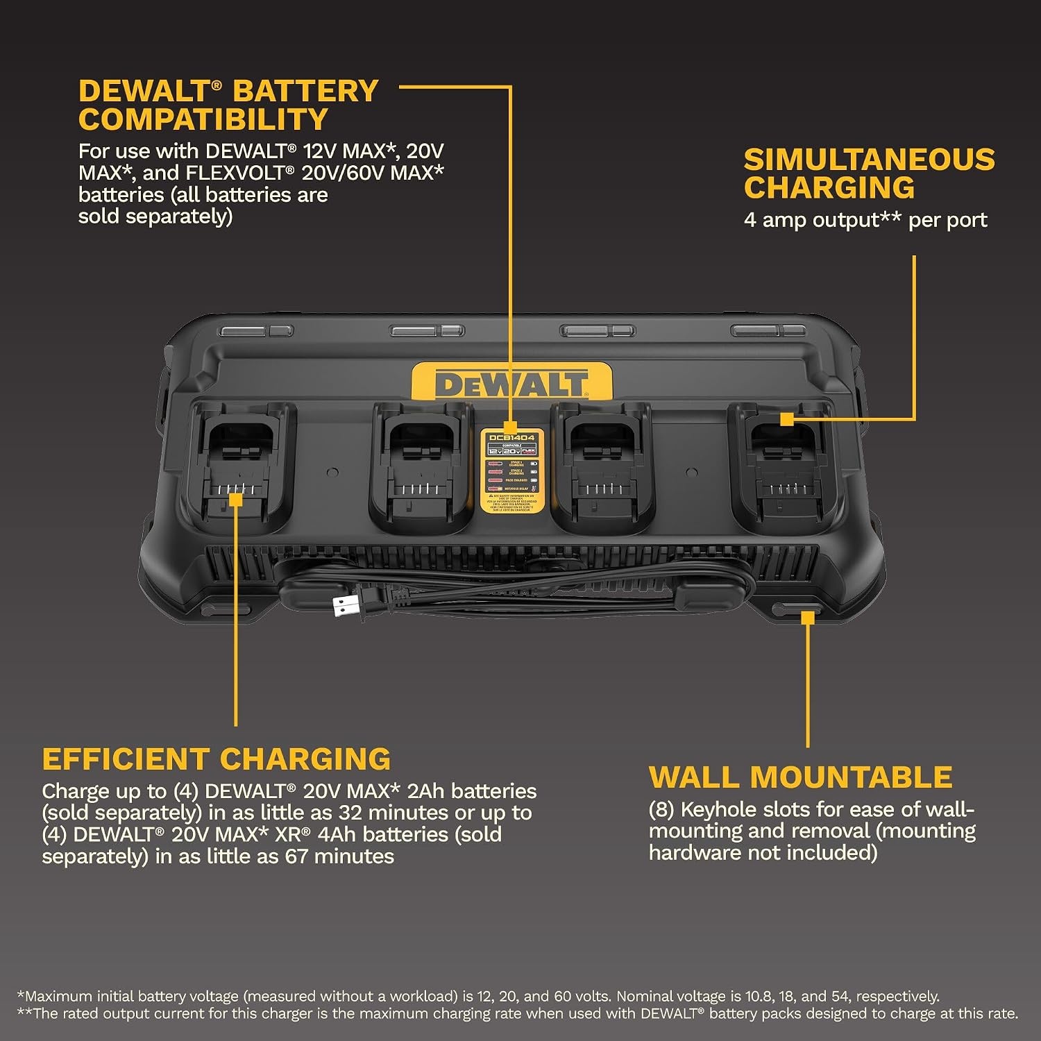 image:imageDEWALT Battery Charger 12V MAX 20V MAX FLEXVOLT 20V60V MAX 4 Amp Fast Charger Multiport Simultaneous Charging Station DCB1404