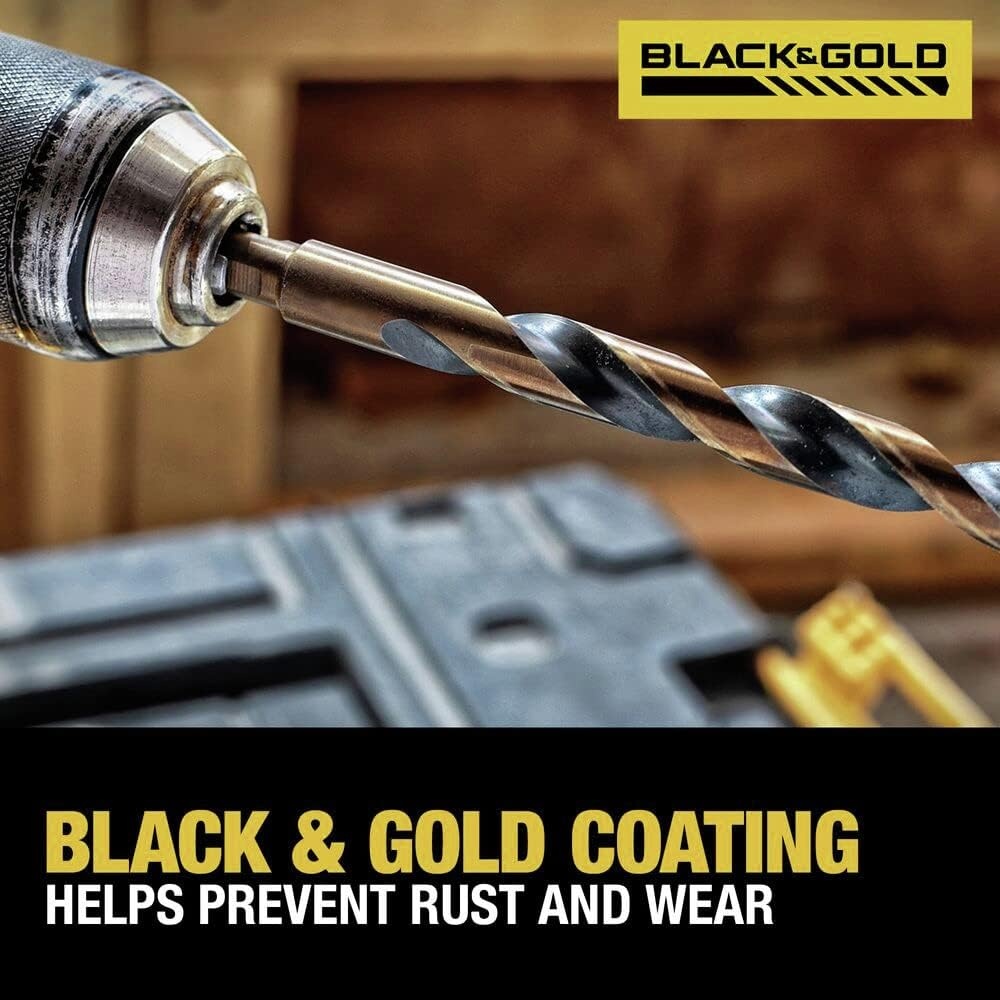 image:imageDEWALT Drill Bit Set 21 Pc High Speed Steel DEWALT Bits Black and Gold Oxide Coated 135 Degree Split Point 31 Degree Helix DWA1181One Size