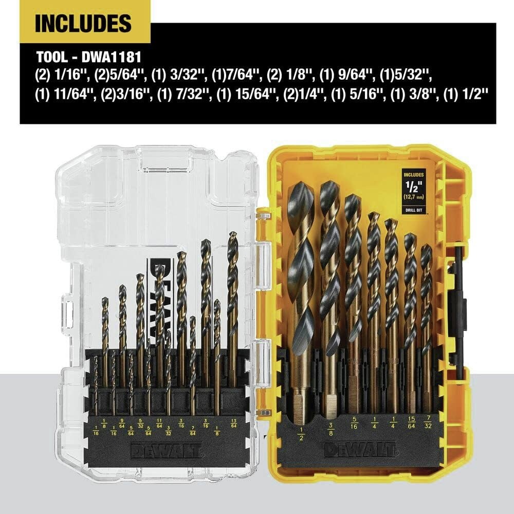 image:imageDEWALT Drill Bit Set 21 Pc High Speed Steel DEWALT Bits Black and Gold Oxide Coated 135 Degree Split Point 31 Degree Helix DWA1181One Size