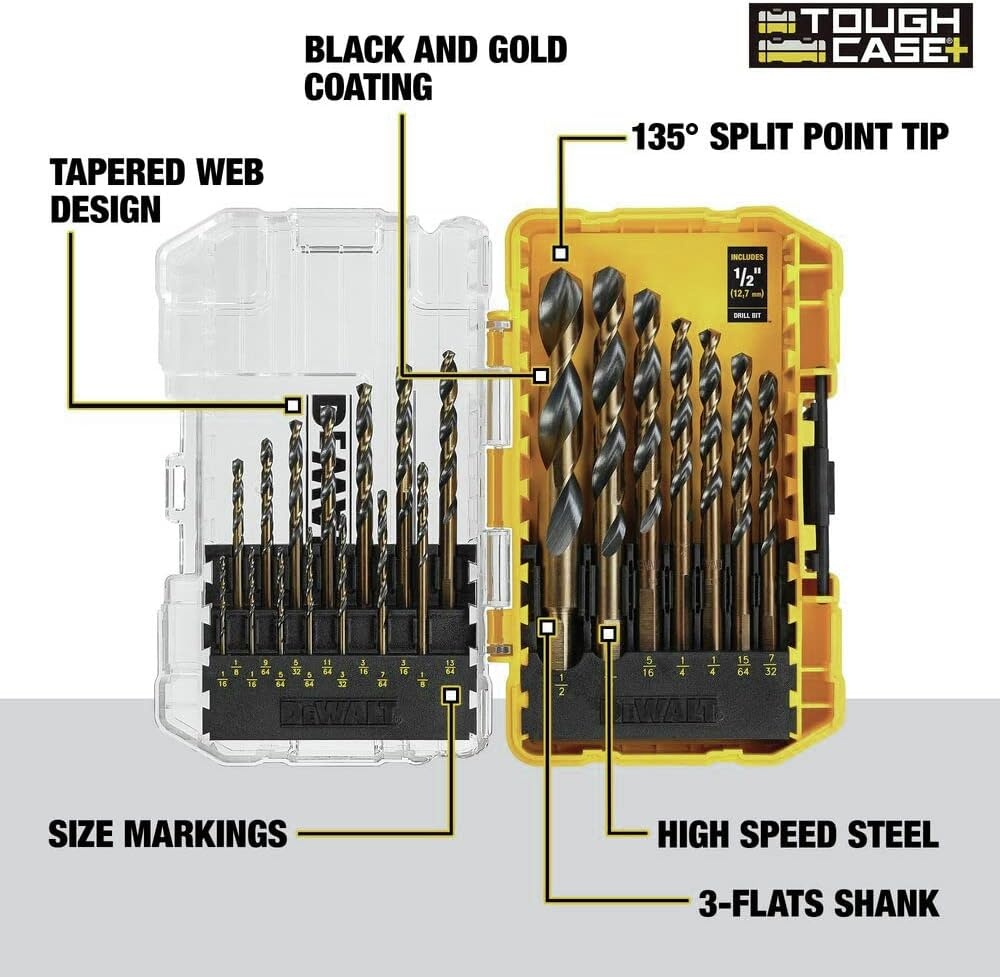 image:imageDEWALT Drill Bit Set 21 Pc High Speed Steel DEWALT Bits Black and Gold Oxide Coated 135 Degree Split Point 31 Degree Helix DWA1181One Size