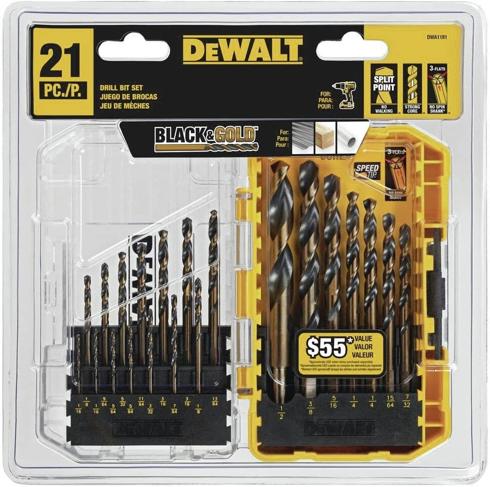 image:imageDEWALT Drill Bit Set 21 Pc High Speed Steel DEWALT Bits Black and Gold Oxide Coated 135 Degree Split Point 31 Degree Helix DWA1181One Size