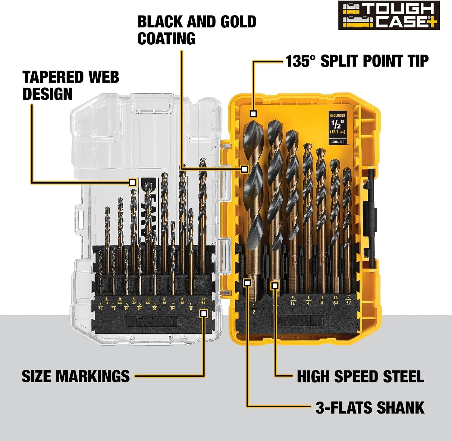 image:imageDEWALT Drill Bit Set 21 Pc High Speed Steel DEWALT Bits Black and Gold Oxide Coated 135 Degree Split Point 31 Degree Helix DWA1181One Size Pack of 5