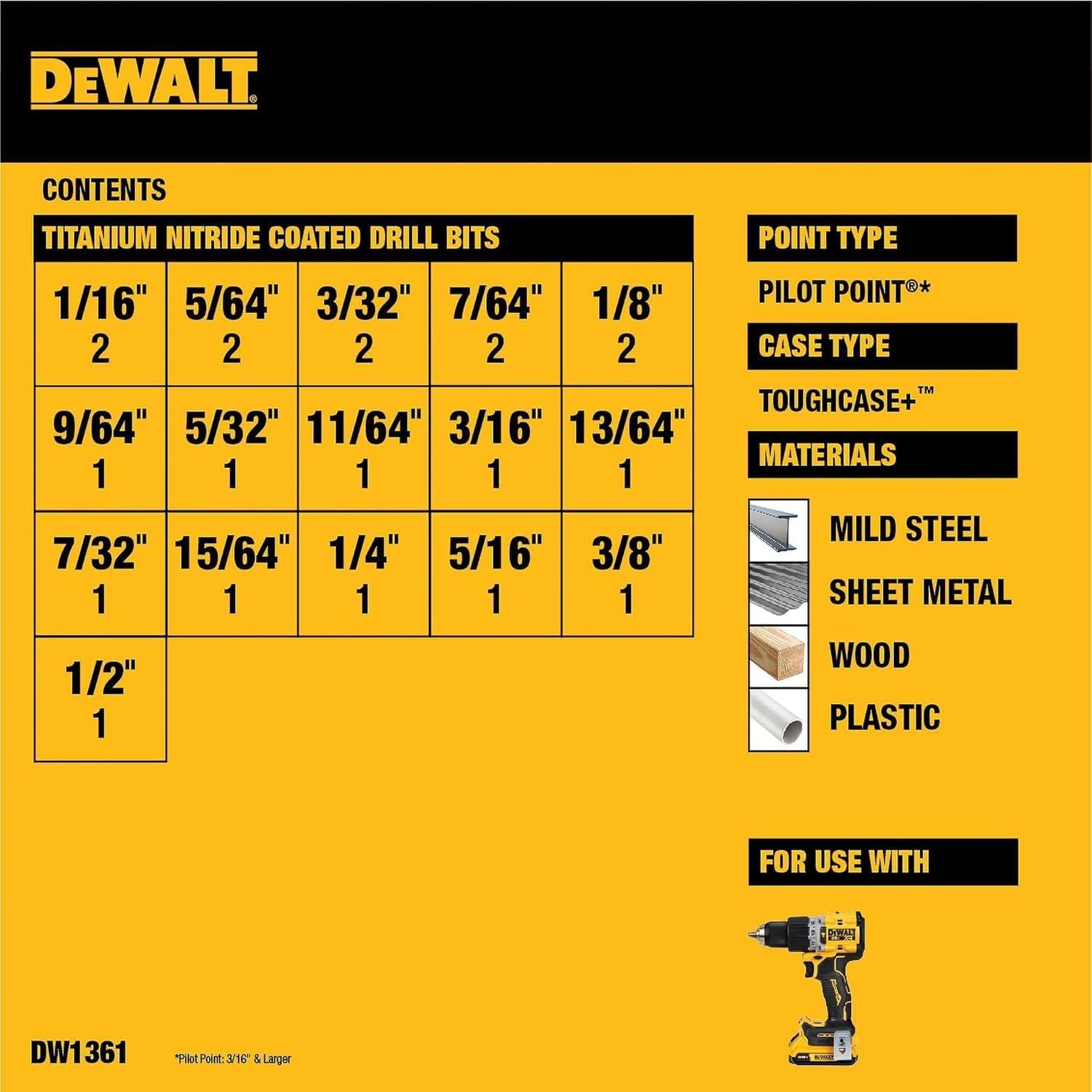 image:imageDEWALT Drill Bit Set 21 Pc Titanium Nitride Coated Pilot Point DEWALT Bit Set with Case for Wood Metal and Plastic DW1361One Size