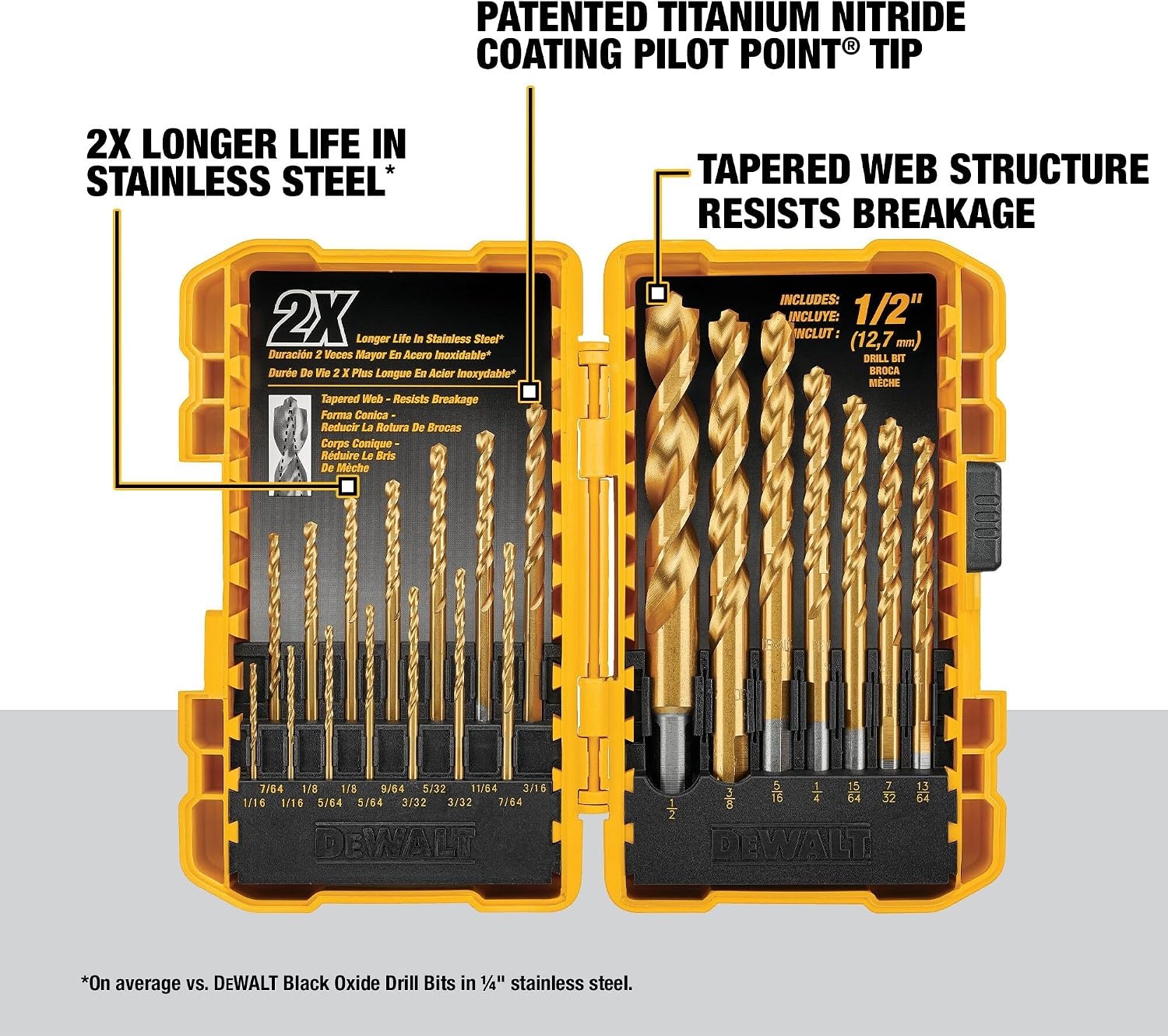 image:imageDEWALT Drill Bit Set 21 Pc Titanium Nitride Coated Pilot Point DEWALT Bit Set with Case for Wood Metal and Plastic DW1361One Size Pack of 5