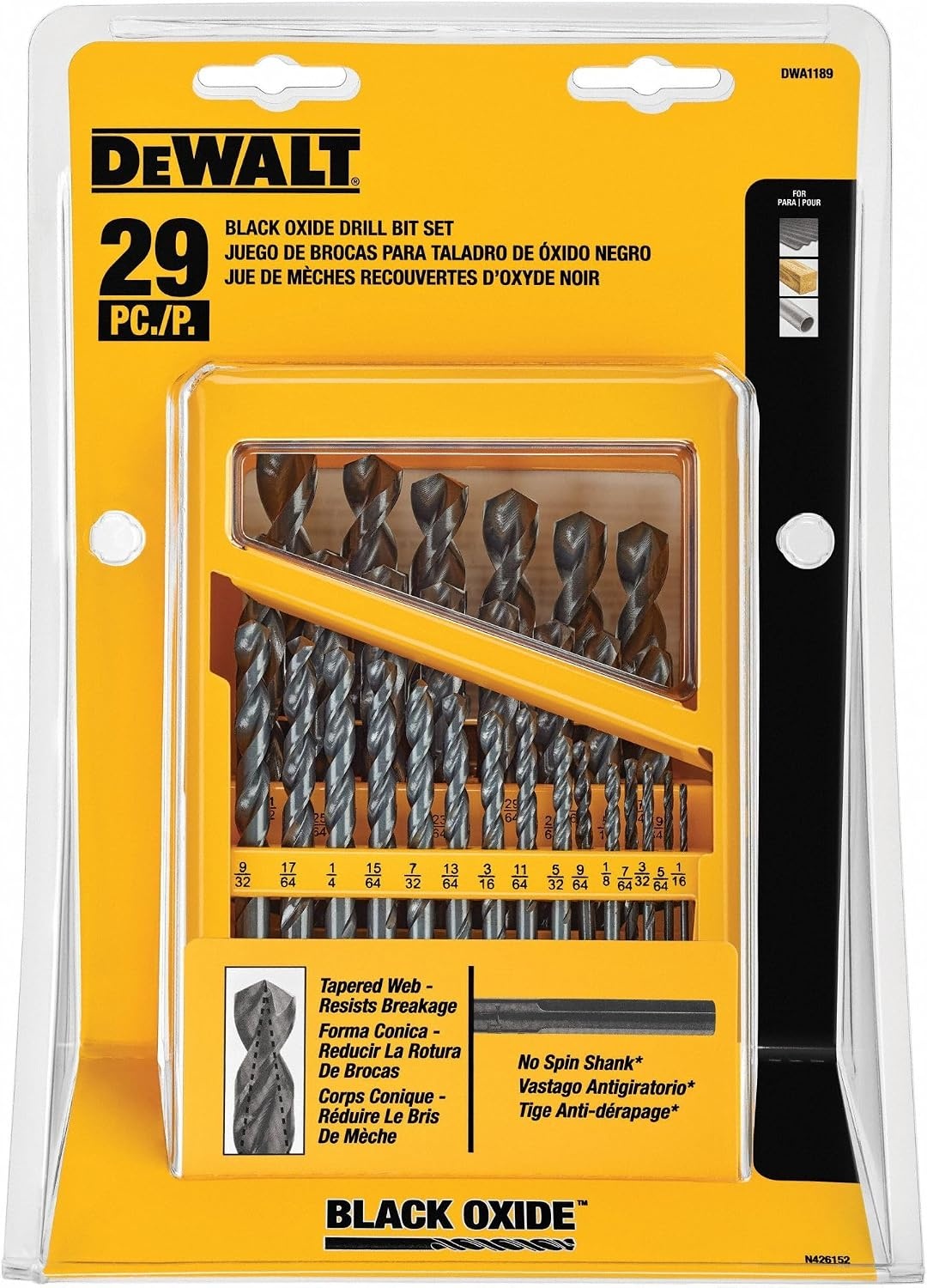 image:imageDEWALT Drill Bit Set 29 Pc Black and Gold High Speed Steel Split Point Black Oxide Coating Optimized Helix Stronger Core Bit Set for Drill DWA1189