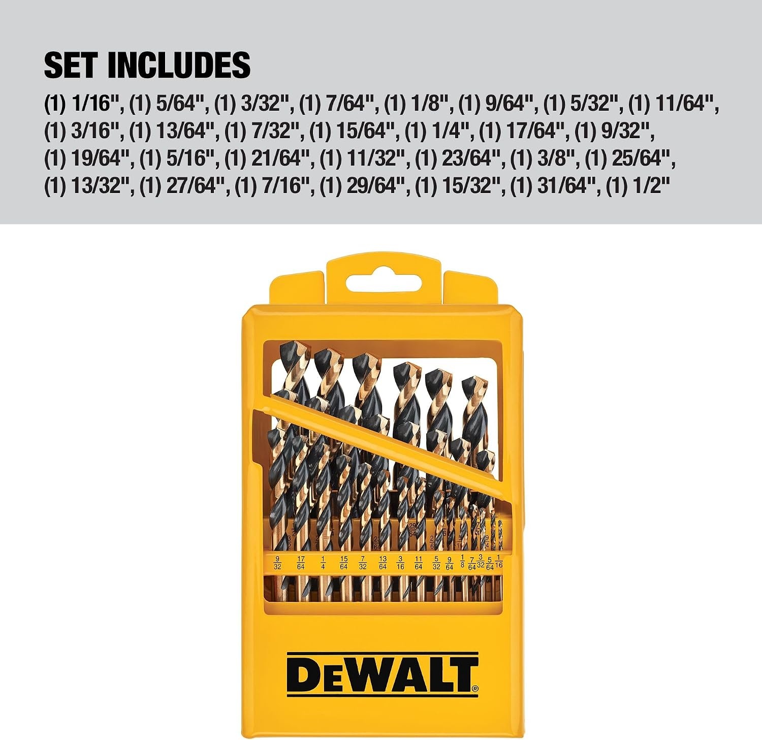 image:imageDEWALT Drill Bit Set 29 Pc Black and Gold High Speed Steel Split Point Black Oxide Coating Optimized Helix Stronger Core Bit Set for Drill DWA1189