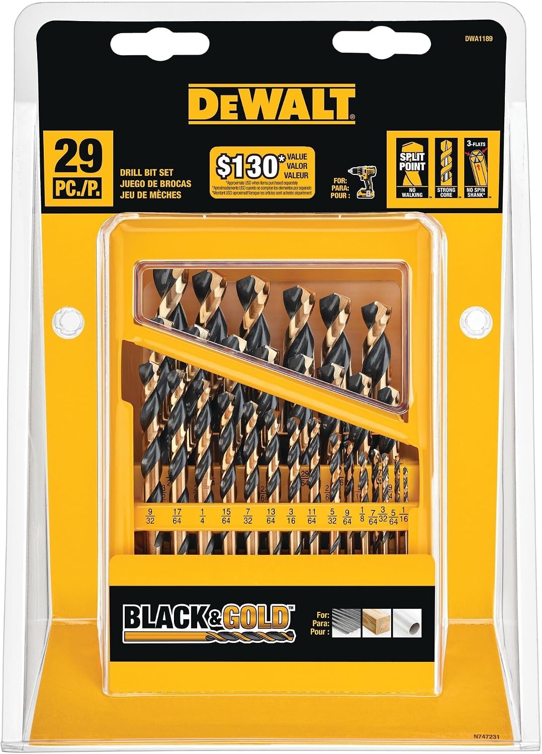 image:imageDEWALT Drill Bit Set 29 Pc Black and Gold High Speed Steel Split Point Black Oxide Coating Optimized Helix Stronger Core Bit Set for Drill DWA1189