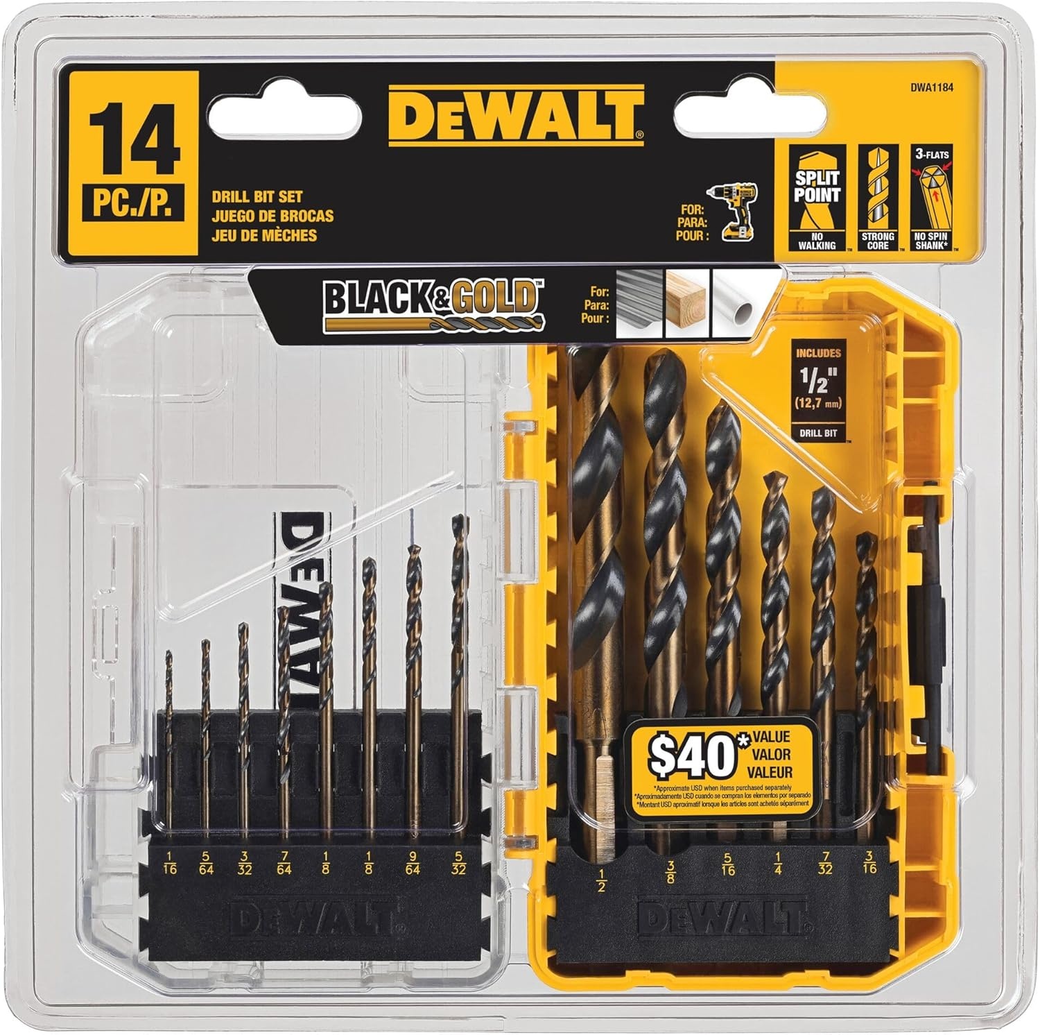 image:imageDEWALT Drill Bit Set 3Flats Shank14Piece 135 Degree Split Point for Plastic Wood and Metal DWA118414 piece set Pack of 5