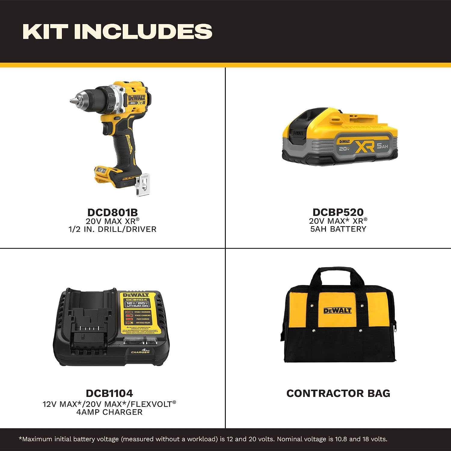 image:imageDEWALT Drill Set 20V MAX XR 12 in Brushless Cordless Drill Driver Kit With 5AH POWERSTACK Battery and Charger LED Light Dual Speed DCD801H1