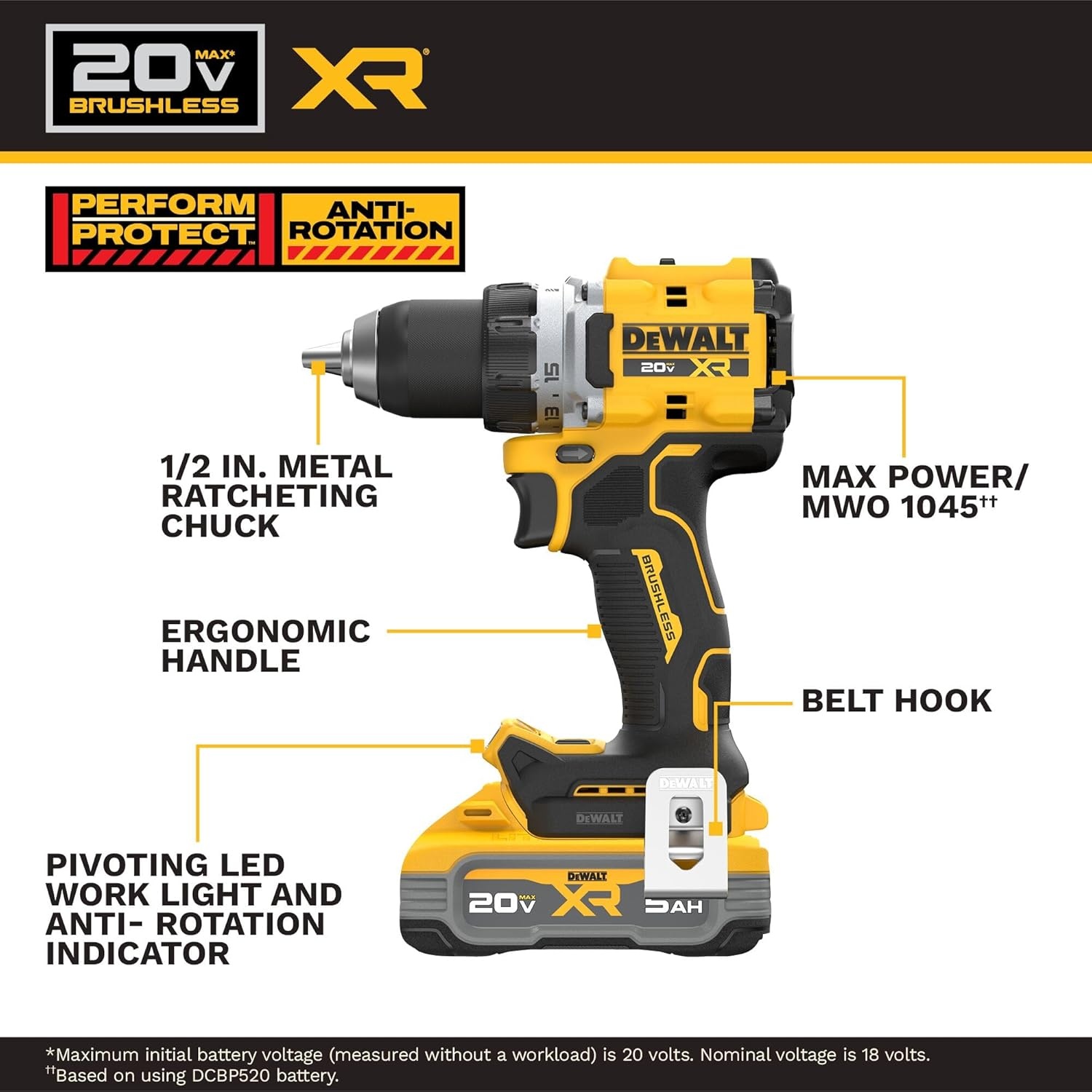 image:imageDEWALT Drill Set 20V MAX XR 12 in Brushless Cordless Drill Driver Kit With 5AH POWERSTACK Battery and Charger LED Light Dual Speed DCD801H1