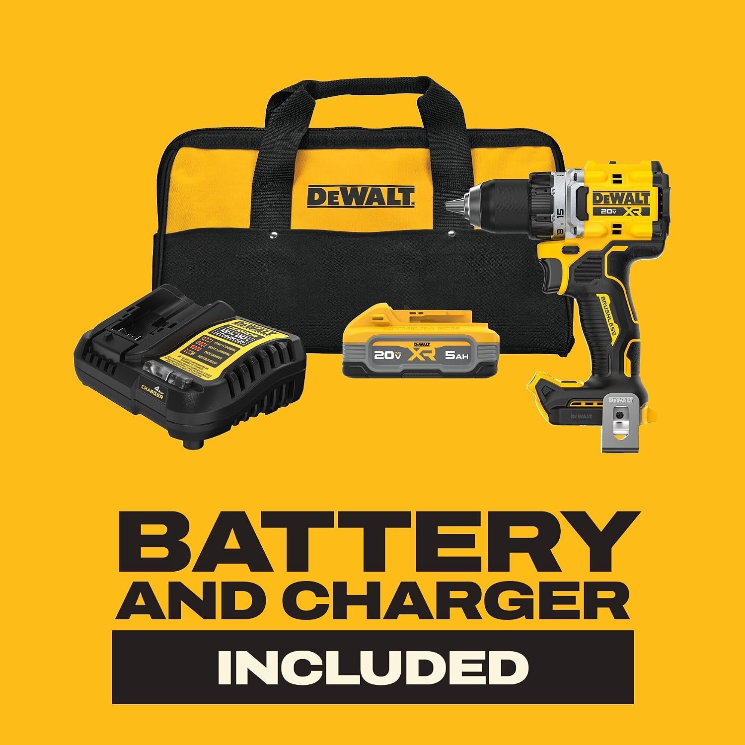 image:imageDEWALT Drill Set 20V MAX XR 12 in Brushless Cordless Drill Driver Kit With 5AH POWERSTACK Battery and Charger LED Light Dual Speed DCD801H1