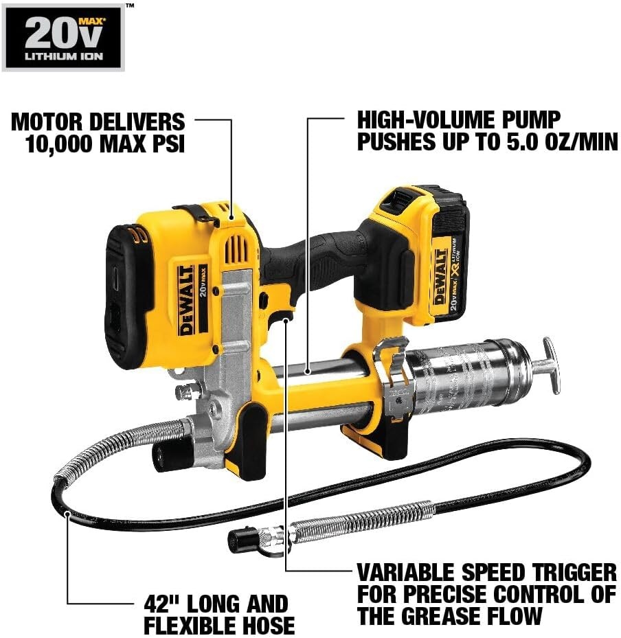image:imageDEWALT Grease Gun Kit 20V MAX with 40Ah Battery and Charger Cordless Grease Gun LED Light 42 Hose 10000 PSI Variable Speed Triggers DCGG571M1Grease Gun 20V Battery 40 Ah