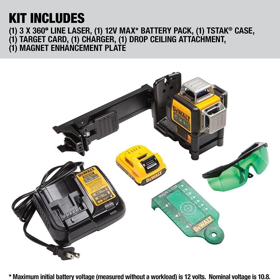 image:imageDEWALT Laser Level 360 Self Leveling 3 Way Green Laser Leveler Tool 12V MAX with 20Ah Battery Charger and Durable Carrying Case 100 Ft Tripod Compatible DW089LGLine Laser 2Ah Battery Charger Carrying Case