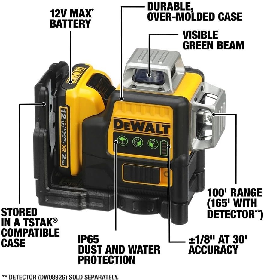 image:imageDEWALT Laser Level 360 Self Leveling 3 Way Green Laser Leveler Tool 12V MAX with 20Ah Battery Charger and Durable Carrying Case 100 Ft Tripod Compatible DW089LGLine Laser 2Ah Battery Charger Carrying Case