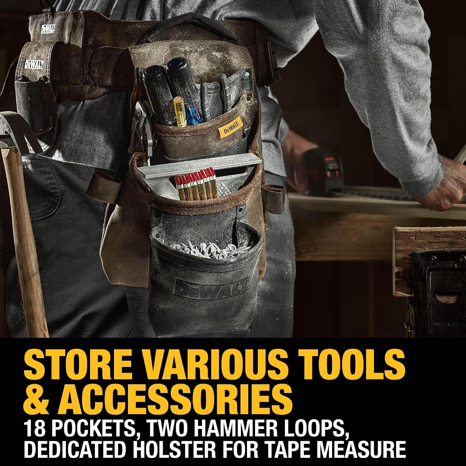 image:imageDEWALT Leather Tool Belt Organizer with 18 Pockets Heavy Duty Construction DWST550113One Size