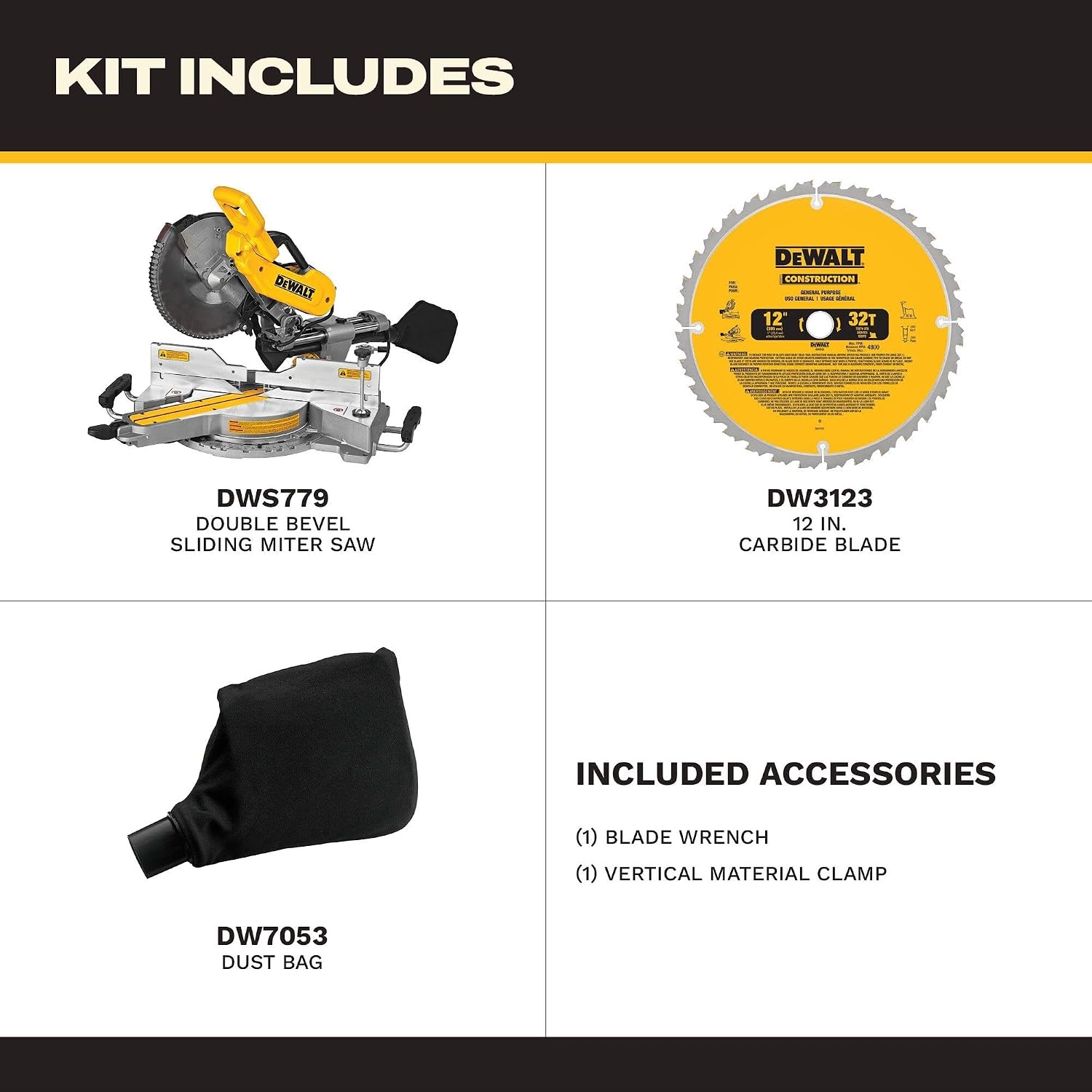 image:imageDEWALT Miter Saw 12 Inch Double Bevel Sliding Compound Miter Saw Includes Blade Wrench and Clamp Increased Crosscut Capacity Powerful 3800 RPM Motor 15 Amp DWS779