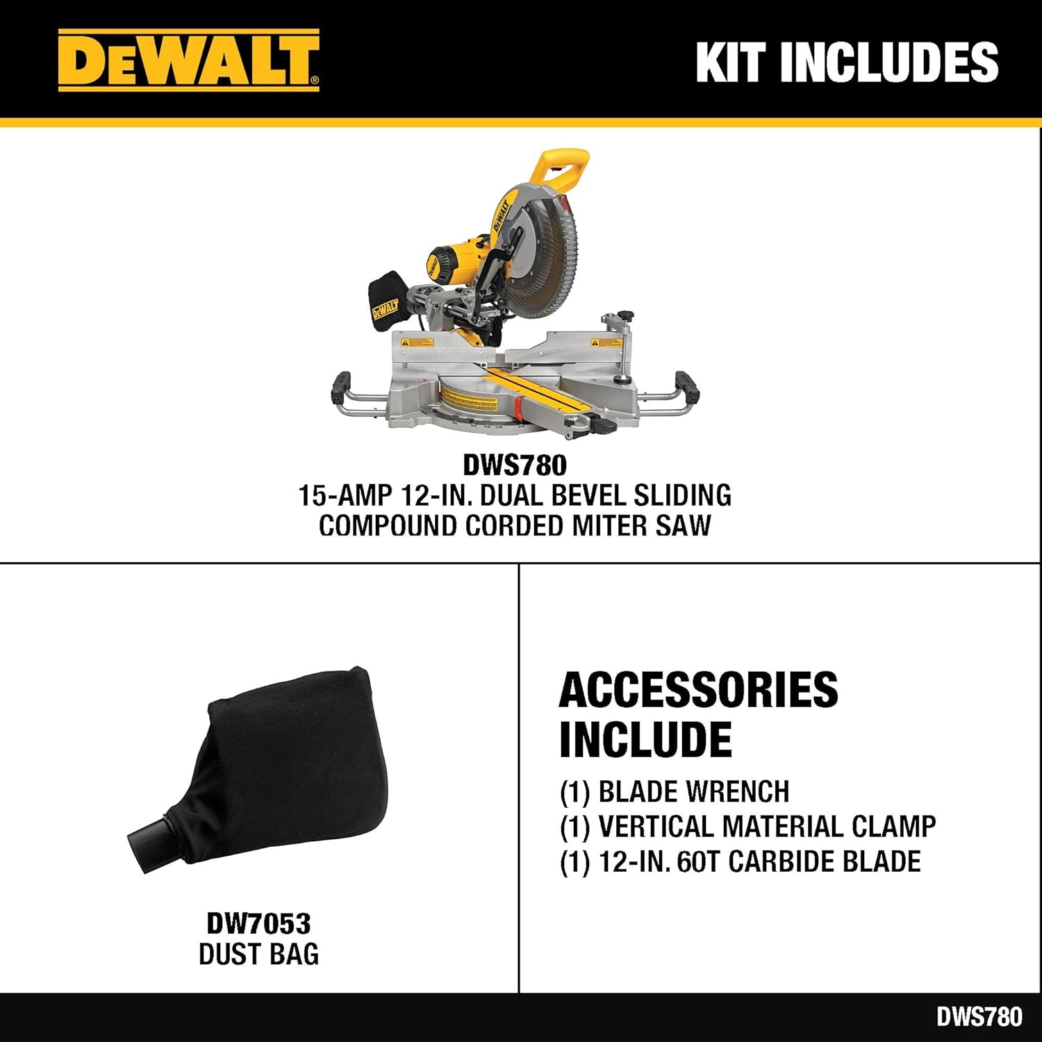 image:imageDEWALT Miter Saw 12inch Double Bevel Sliding Compound Miter Saw with XPS LED Shadow Light System Includes Blade Wrench Material Clamp and Dust Bag DWS780