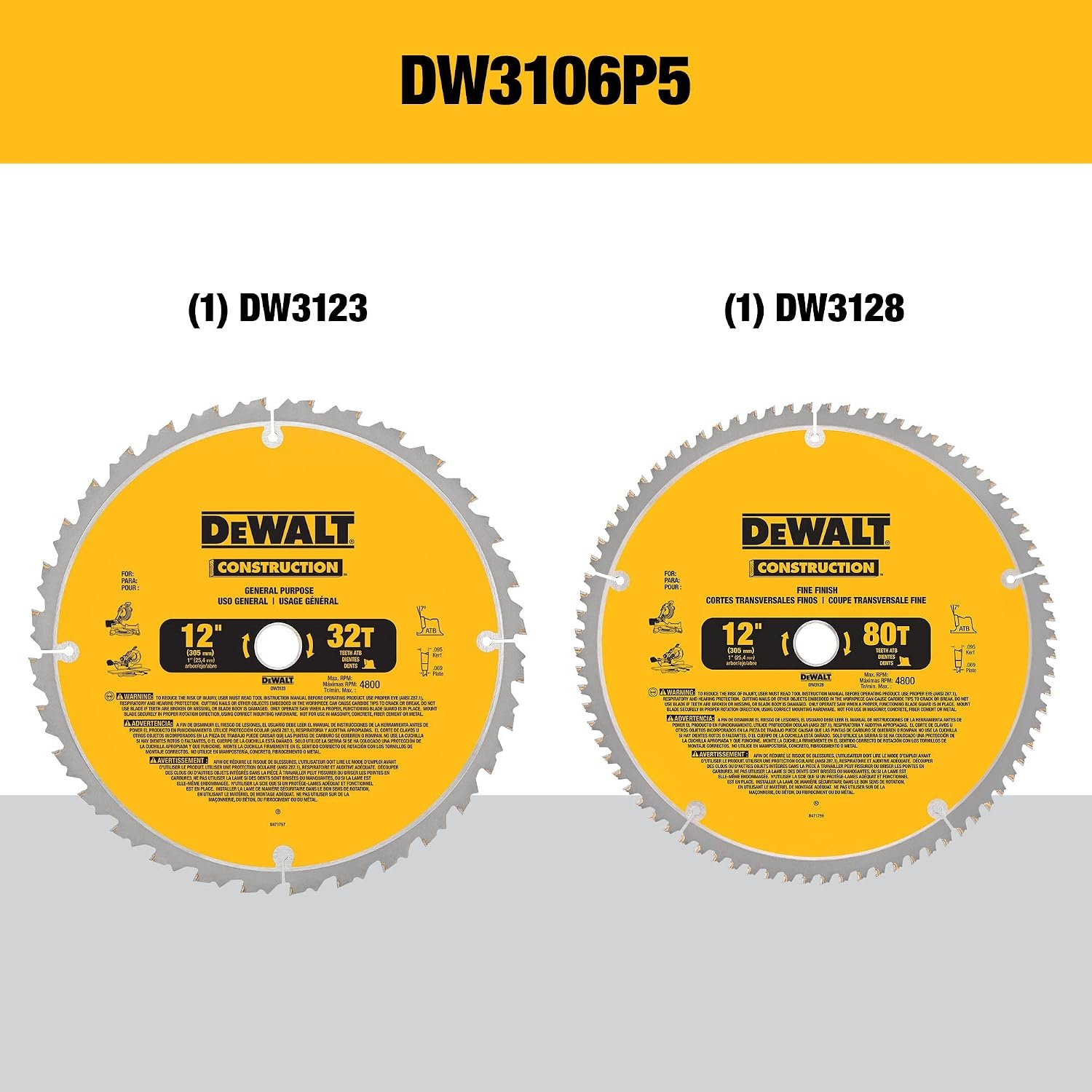 image:imageDEWALT Miter Saw Blade Combo Pack 12 Blades 40 Tooth amp 60 Tooth Fine Finish Ultra Sharp Carbide DWA112CMBSaw Blade 2 Pack 12 In 80T