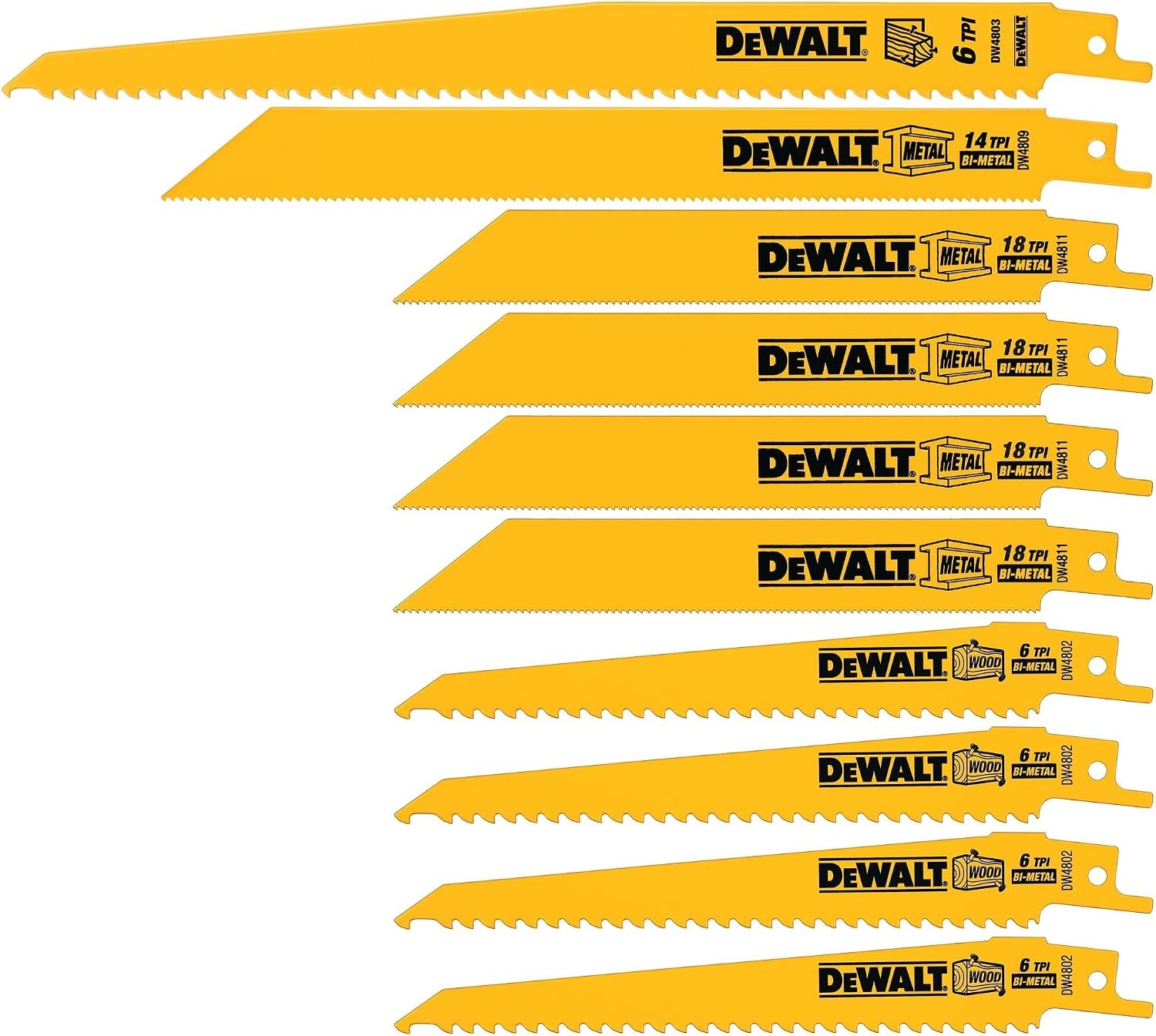 image:imageDEWALT Reciprocating Saw Blades 10 Piece BiMetal Combination Set with Case Various Sizes 6 In to 9 In Longer Life DW4898
