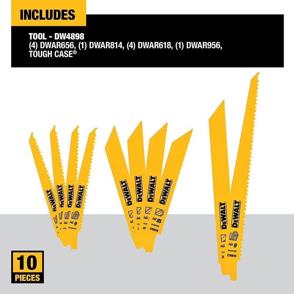 image:imageDEWALT Reciprocating Saw Blades 10 Piece BiMetal Combination Set with Case Various Sizes 6 In to 9 In Longer Life DW4898