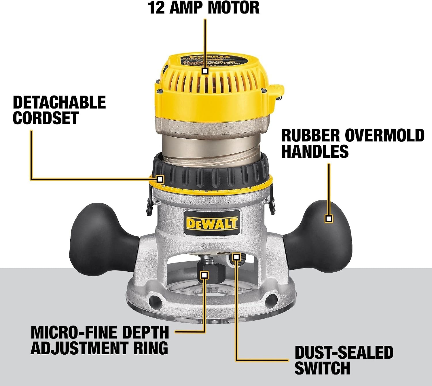 image:imageDEWALT Router Fixed and Plunge Base Kit Soft Start 12Amp 24000 RPM Variable Speed Trigger Corded DW618PKBRouter