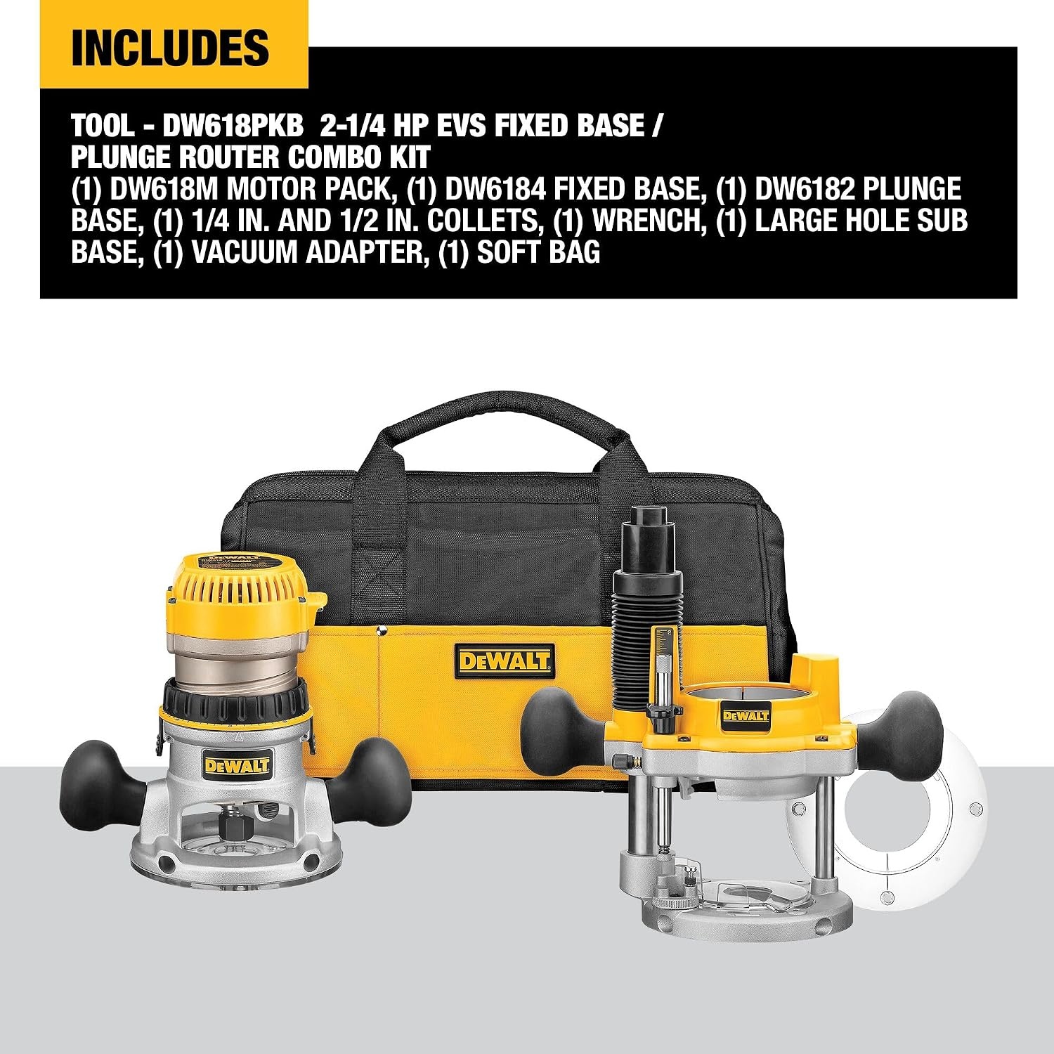 image:imageDEWALT Router Fixed and Plunge Base Kit Soft Start 12Amp 24000 RPM Variable Speed Trigger Corded DW618PKBRouter