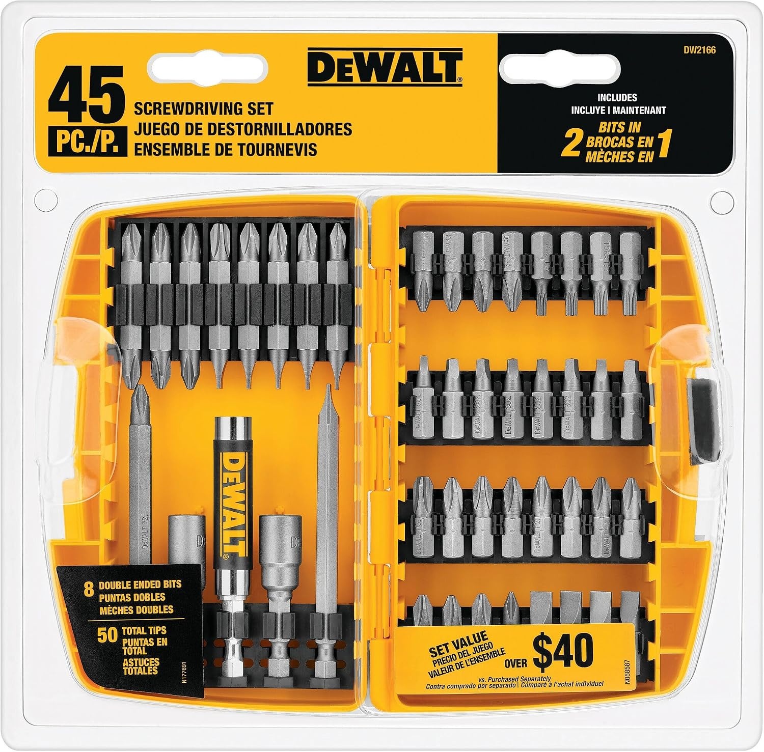 image:imageDEWALT Screwdriver Bit Set with Tough Case 45Piece DW2166 GreySilver Screwdriving Set with Tough CaseOne Size
