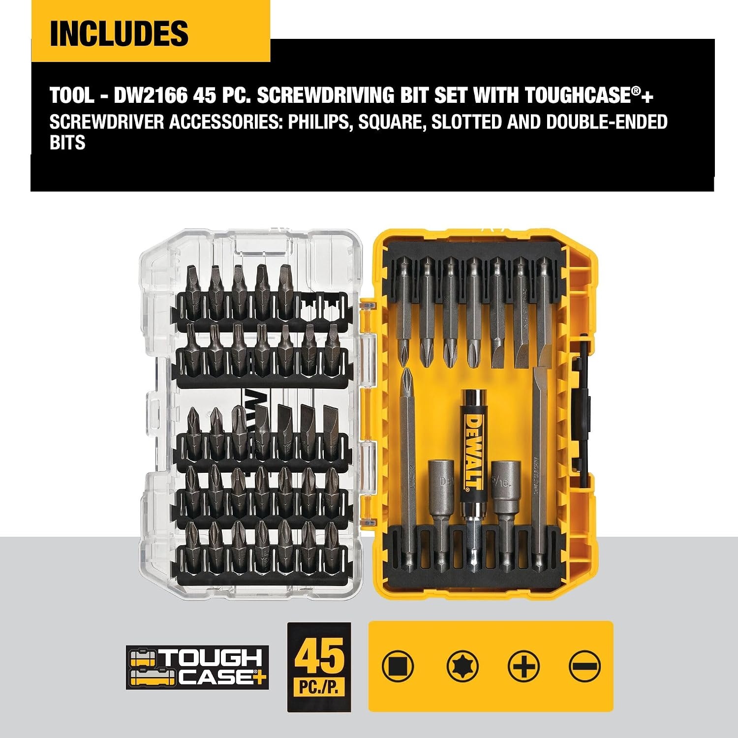 image:imageDEWALT Screwdriver Bit Set with Tough Case 45Piece DW2166 GreySilver Screwdriving Set with Tough CaseOne Size