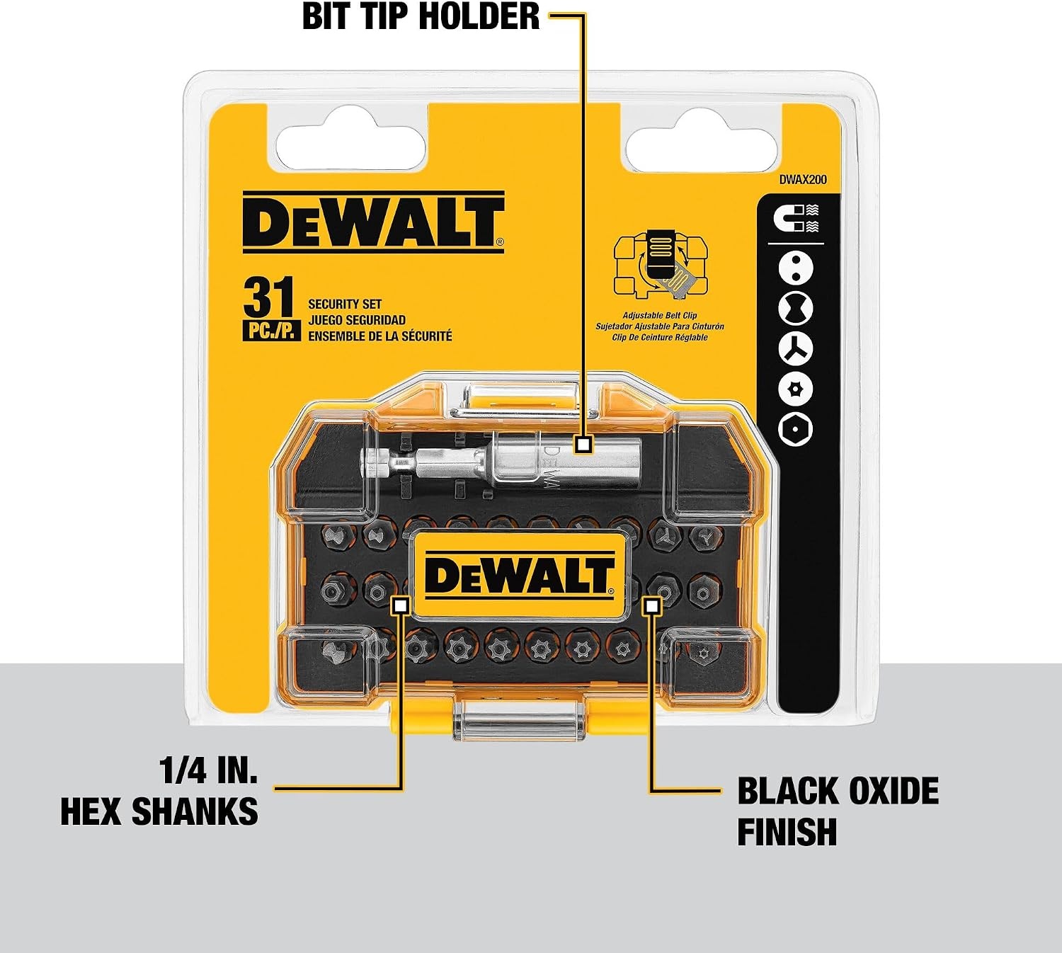 image:imageDEWALT Security Bit Set 31Piece Screwdriver Bit Set with Case Universal 14 In Hex Includeds Magnetic Bit Holder DWAX200One Size