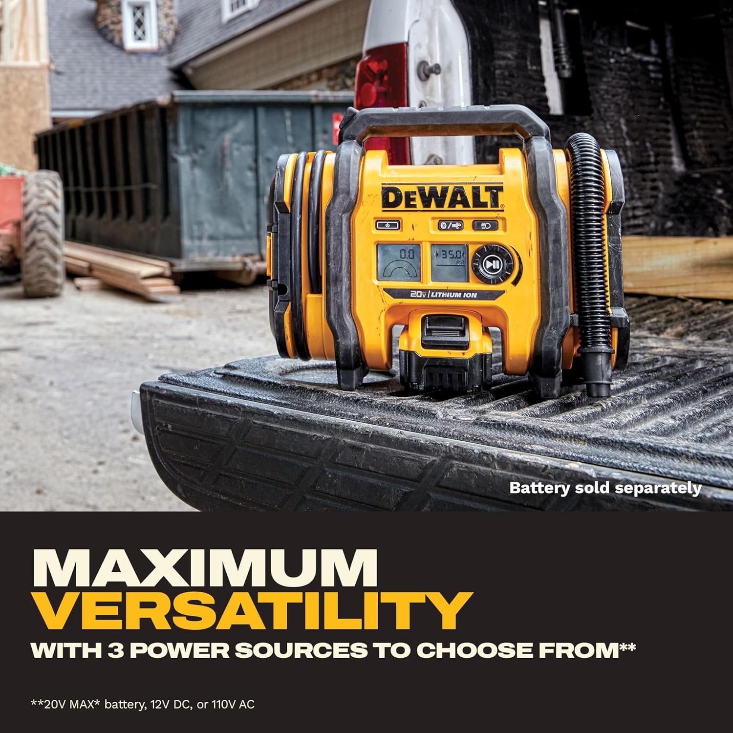 image:imageDEWALT Tire Inflator Portable Air Compressor 20V MAX Car Air Pump with Automatic Shut Off LED Light Tool Only DCC020IBInflator Tool Only