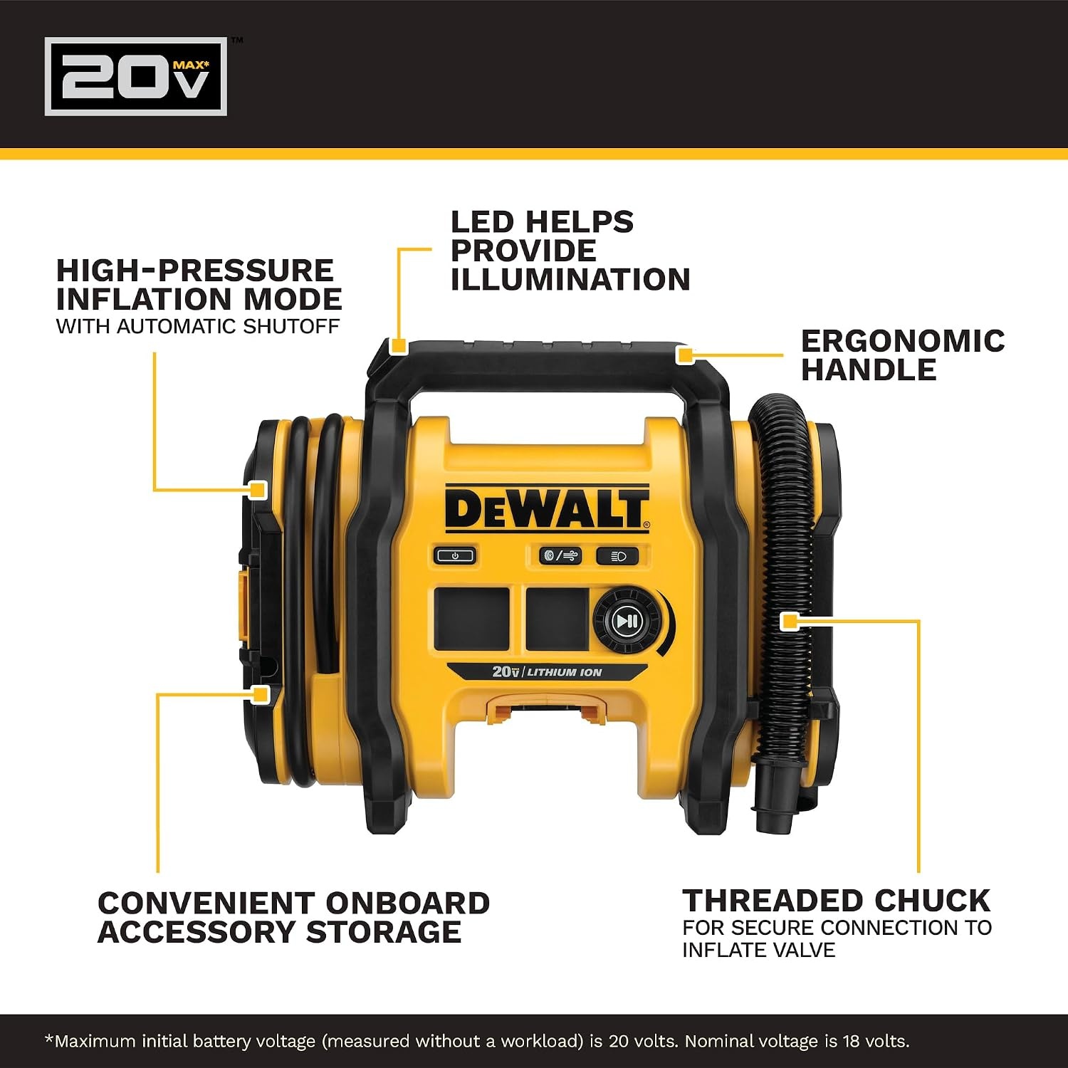 image:imageDEWALT Tire Inflator Portable Air Compressor 20V MAX Car Air Pump with Automatic Shut Off LED Light Tool Only DCC020IBInflator Tool Only