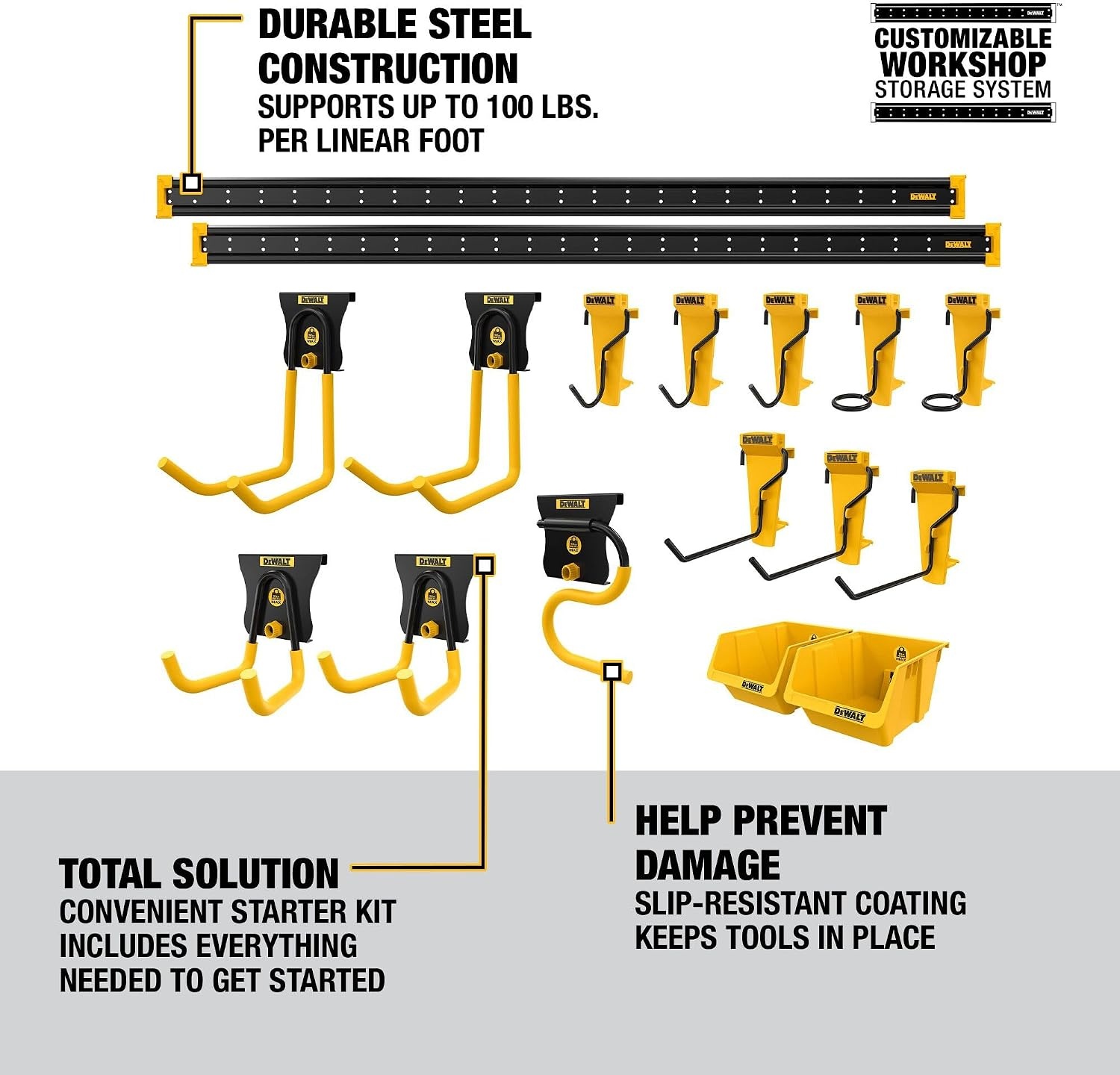 image:imageDEWALT Tool Organizer 21 Piece Accessory Starter Kit Includes 2 Metal Rails 13 Hooks and 2 Plastic Bins DEWALT Workshop Storage System Compatible DWST8280121 Piece Starter Kit