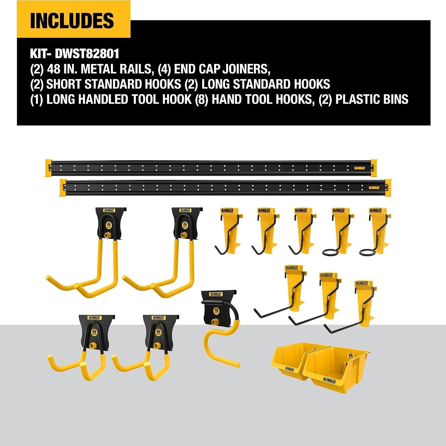image:imageDEWALT Tool Organizer 21 Piece Accessory Starter Kit Includes 2 Metal Rails 13 Hooks and 2 Plastic Bins DEWALT Workshop Storage System Compatible DWST8280121 Piece Starter Kit