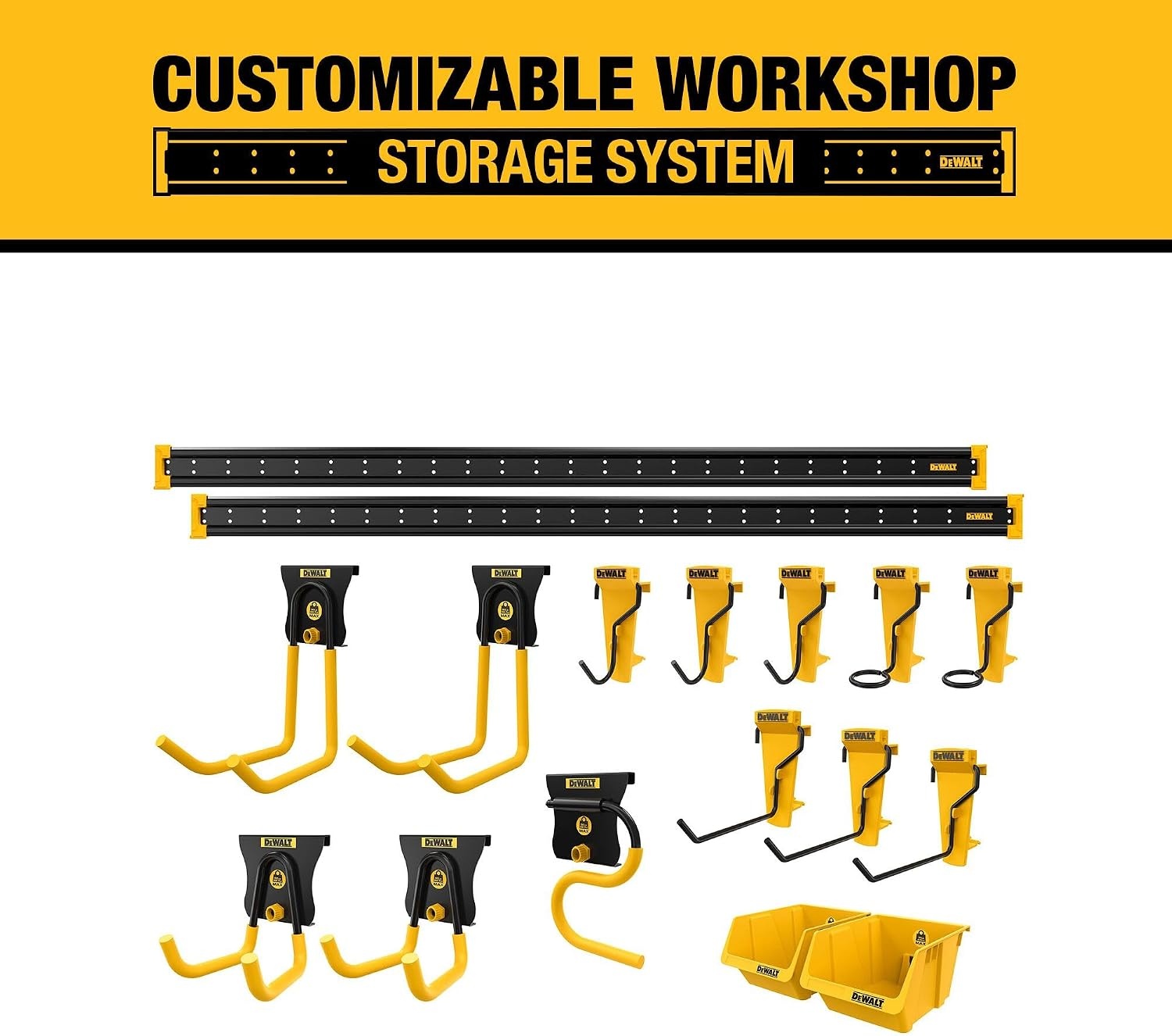 image:imageDEWALT Tool Organizer 21 Piece Accessory Starter Kit Includes 2 Metal Rails 13 Hooks and 2 Plastic Bins DEWALT Workshop Storage System Compatible DWST8280121 Piece Starter Kit