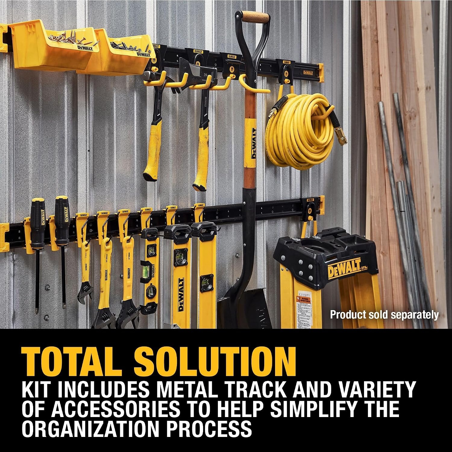 image:imageDEWALT Tool Organizer 21 Piece Accessory Starter Kit Includes 2 Metal Rails 13 Hooks and 2 Plastic Bins DEWALT Workshop Storage System Compatible DWST8280121 Piece Starter Kit