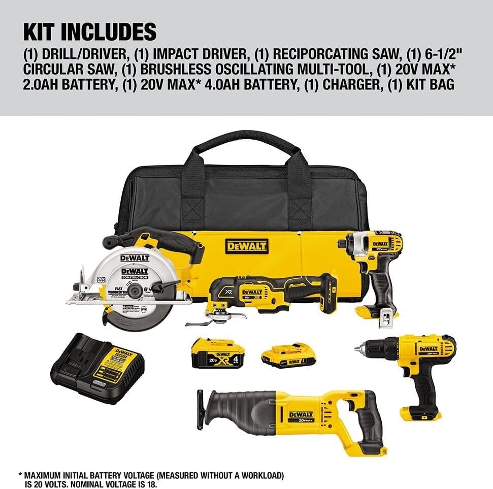 image:imageDEWALT Tools 5 Tool Power Tool Combo Kit Cordless Drill Impact Driver Saw Oscillating Multitool Set with 20V MAX Battery and Charger DCK551D1M120V MAX 5pc Tool Kit