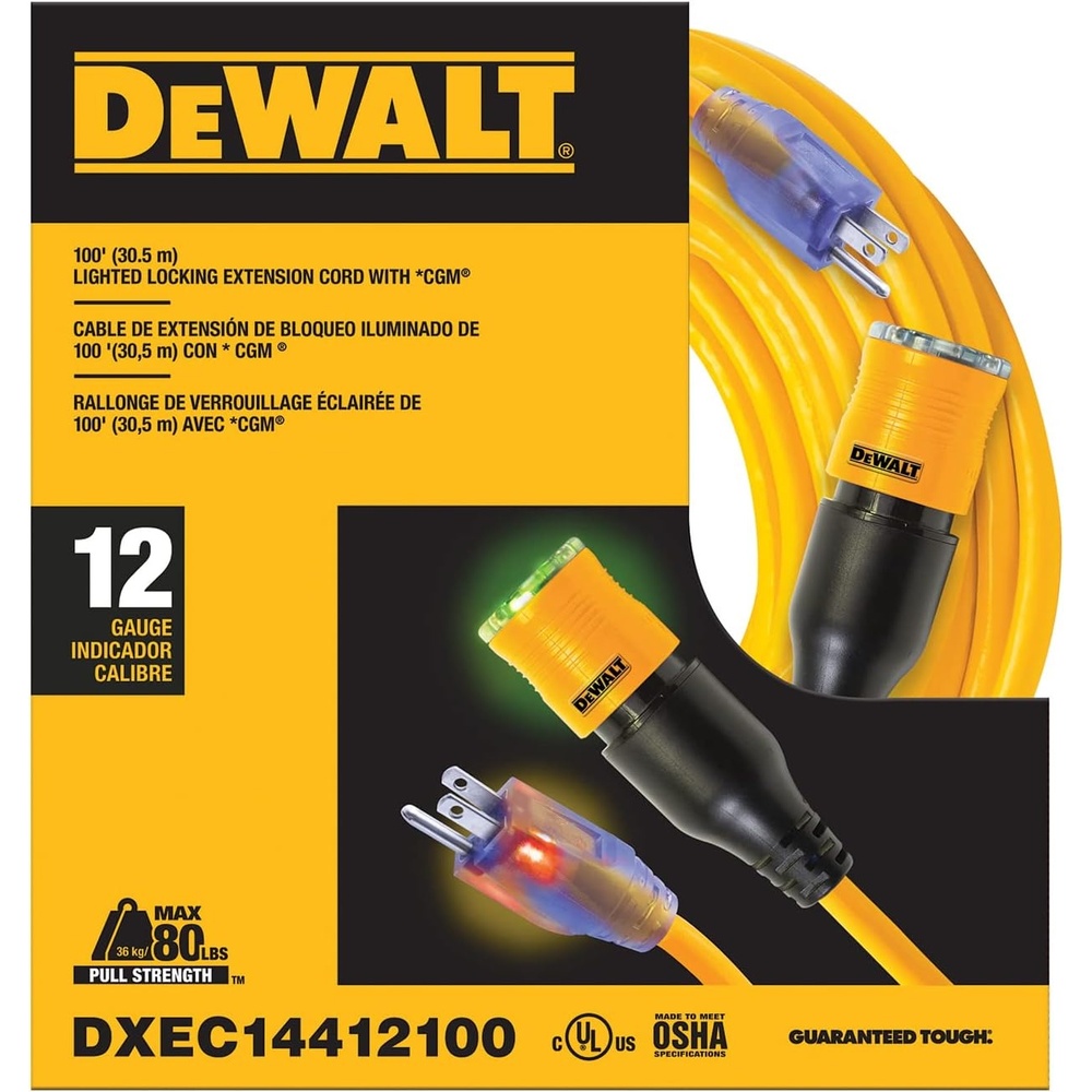 image:imageDEWALT 100 Foot Extension Cord Lighted ClicktoLock 123 SJTW Heavy Duty Outdoor Weatherproof Heat amp Corrosion Resistant Industrial Strength Light Up Three Prong Outlet Plug Power Cord100