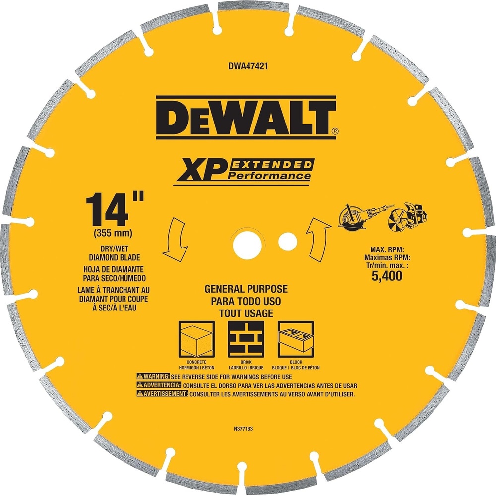 image:imageDEWALT 14 in Circular Saw Blade Dry Wet Segmented Rim Diamond Blade 1 in Arbor Size Extended Performance DWA47421