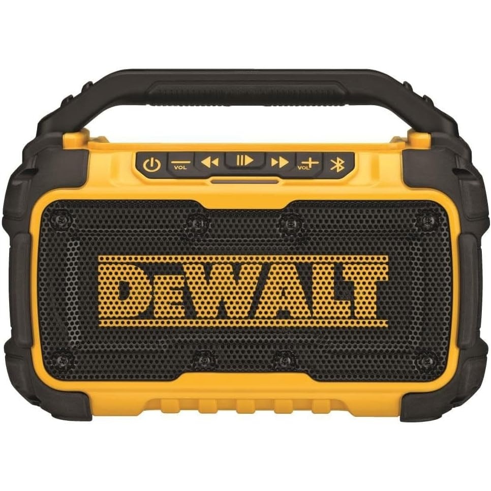 image:imageDEWALT 20V MAX Bluetooth Speaker 100 ft Range Durable for Jobsites Phone Holder Included Lasts 810 Hours with Single Charge DCR010 Black Yellow