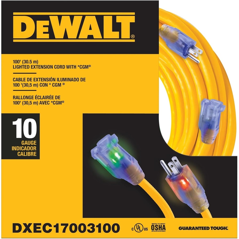 image:imageDEWALT 50 Foot 103 SJTW Lighted Extension Cord Heavy Duty Outdoor Waterproof Weatherproof Heat amp Corrosion Resistant Industrial Strength Light Up Prong Outlet Plug Power Cord100 ft