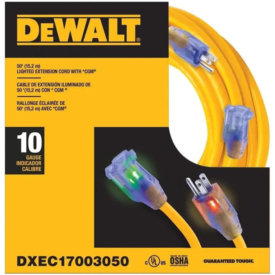 image:imageDEWALT 50 Foot 103 SJTW Lighted Extension Cord Heavy Duty Outdoor Waterproof Weatherproof Heat amp Corrosion Resistant Industrial Strength Light Up Prong Outlet Plug Power Cord50 ft