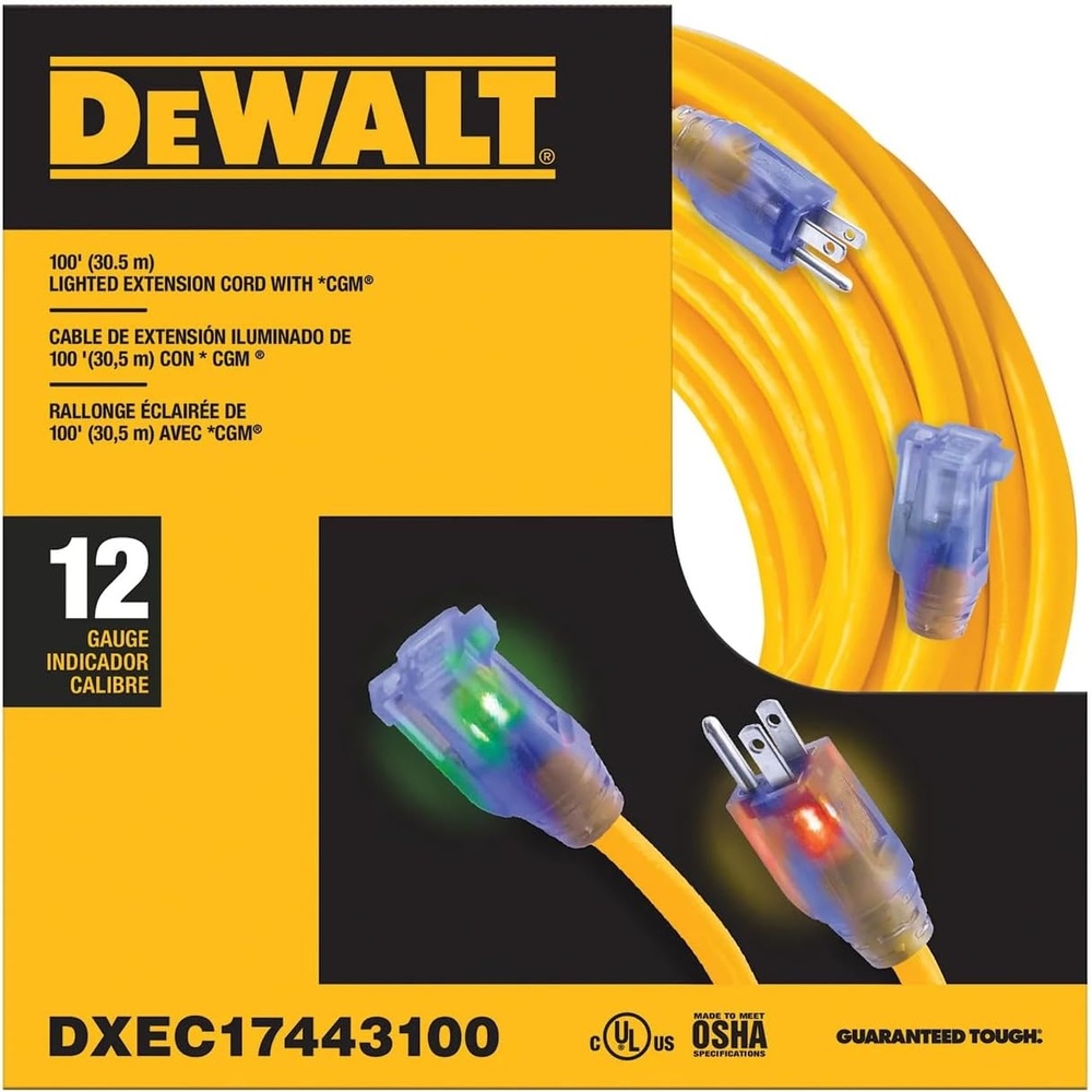 image:imageDEWALT 50 Foot 123 SJTW Lighted Extension Cord Heavy Duty Outdoor Waterproof Weatherproof Heat amp Corrosion Resistant Industrial Strength Light Up Prong Outlet Plug Power CordGreen Yellow