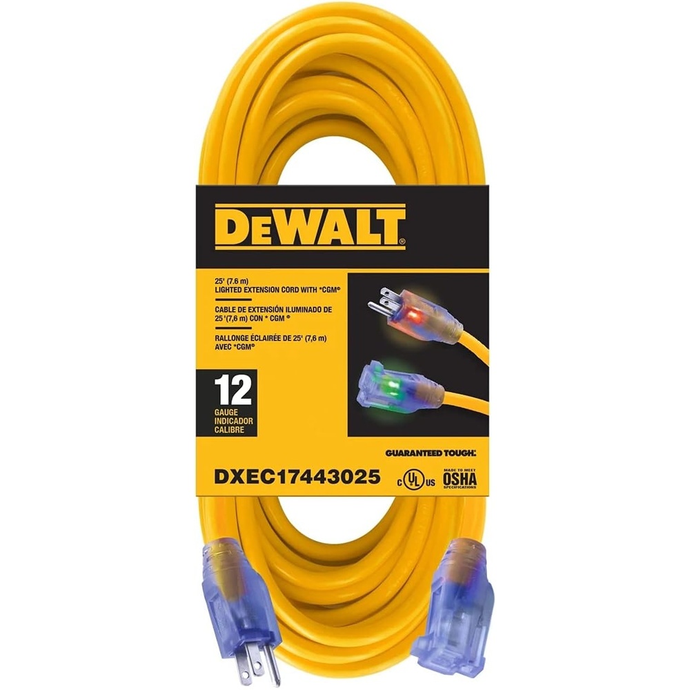 image:imageDEWALT 50 Foot 123 SJTW Lighted Extension Cord Heavy Duty Outdoor Waterproof Weatherproof Heat amp Corrosion Resistant Industrial Strength Light Up Prong Outlet Plug Power CordYellow
