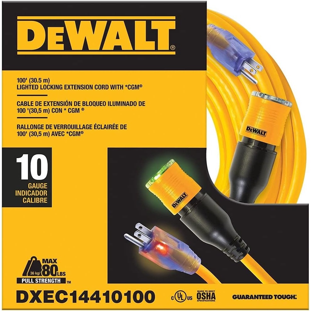 image:imageDEWALT 50 Foot Extension Cord Lighted ClicktoLock 103 SJTW Heavy Duty Outdoor Waterproof Weatherproof Heat amp Corrosion Resistant Industrial Strength Light Up Three Prong Outlet Plug Power Cord100 ft
