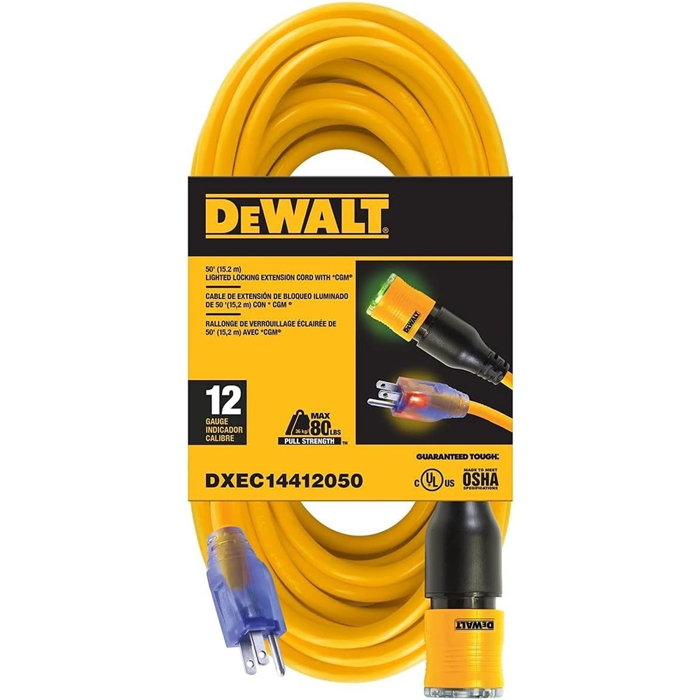 image:imageDEWALT 50 Foot Extension Cord Lighted ClicktoLock 103 SJTW Heavy Duty Outdoor Waterproof Weatherproof Heat amp Corrosion Resistant Industrial Strength Light Up Three Prong Outlet Plug Power Cord50