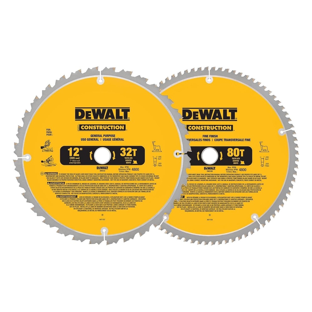 image:imageDEWALT Miter Saw Blade Combo Pack 12 Blades 40 Tooth amp 60 Tooth Fine Finish Ultra Sharp Carbide DWA112CMBSaw Blade 2 Pack 12 In 80T