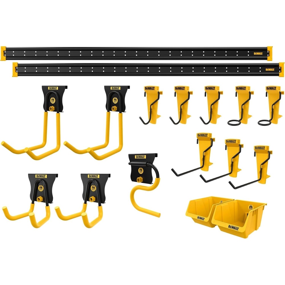 image:imageDEWALT Tool Organizer 21 Piece Accessory Starter Kit Includes 2 Metal Rails 13 Hooks and 2 Plastic Bins DEWALT Workshop Storage System Compatible DWST8280121 Piece Starter Kit