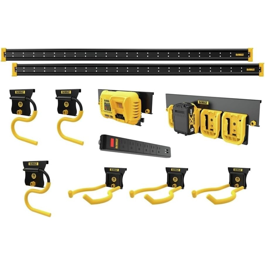 image:imageDEWALT Tool Organizer 21 Piece Accessory Starter Kit Includes 2 Metal Rails 13 Hooks and 2 Plastic Bins DEWALT Workshop Storage System Compatible DWST8280111 Piece Outdoor Accessory Kit