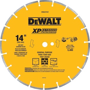 DEWALT 14 in Circular Saw Blade, Dry Wet, Segmented Rim Diamond Blade, 1 in Arbor Size, Extended Performance (DWA47421)